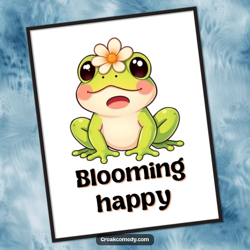 Funny poster print of a happy frog with a flower on its head, letting out a joyful croak.