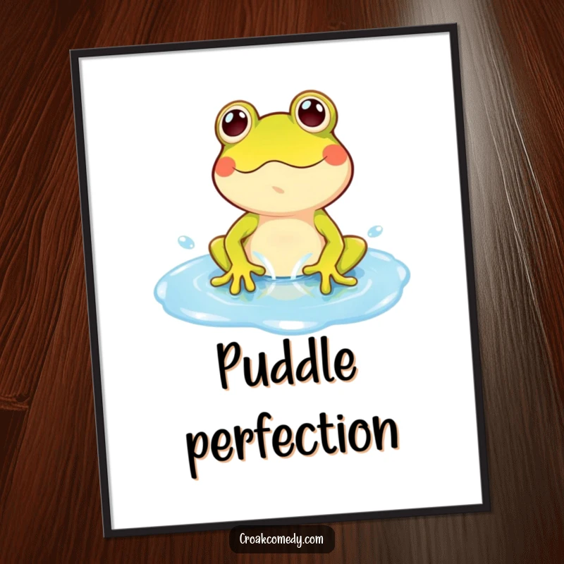 Funny Frog Poster: A playful cartoon frog exuberantly splashing in a bright blue puddle, creating a cheerful scene.