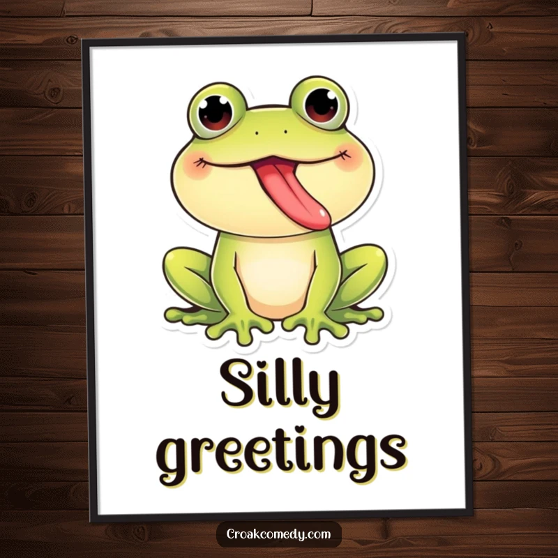 Funny Frog Poster: A giggling frog with its tongue playfully sticking out, rendered in a charming, humorous style, perfect for a funny gift.