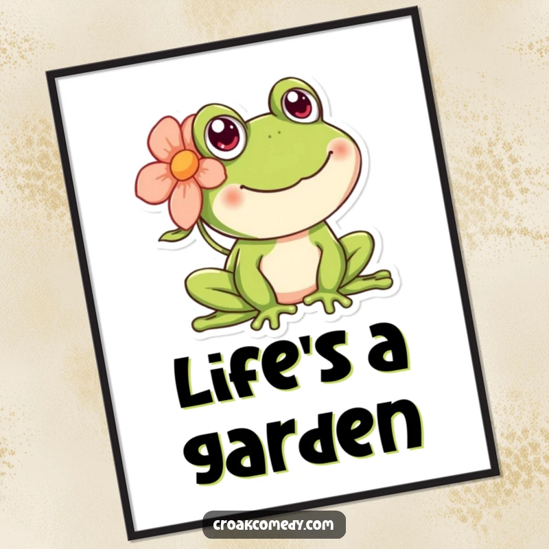 Funny happy frog poster, illustrating a smiling amphibian with a charming flower tucked behind its ear.