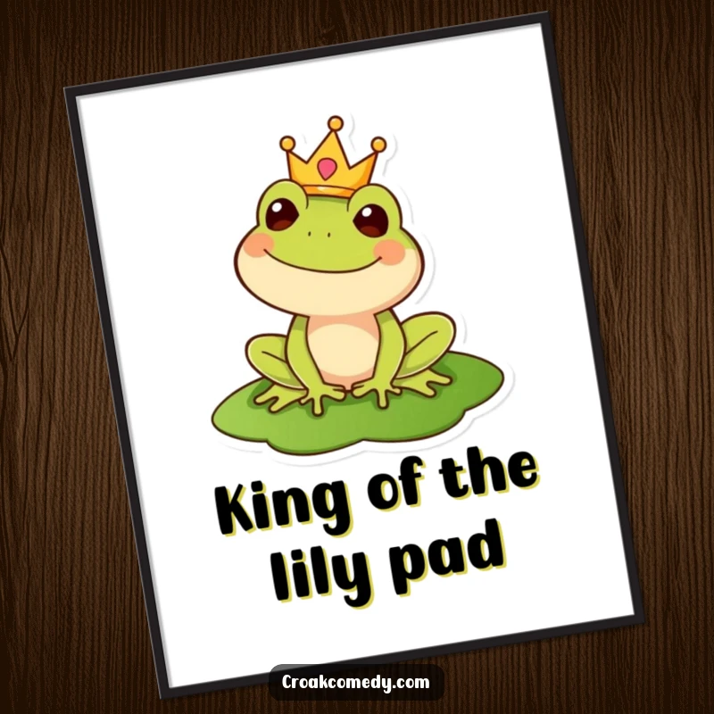 Funny poster of a happy frog wearing a crown on a lily pad, symbolizing playful royalty and cheerful decor.