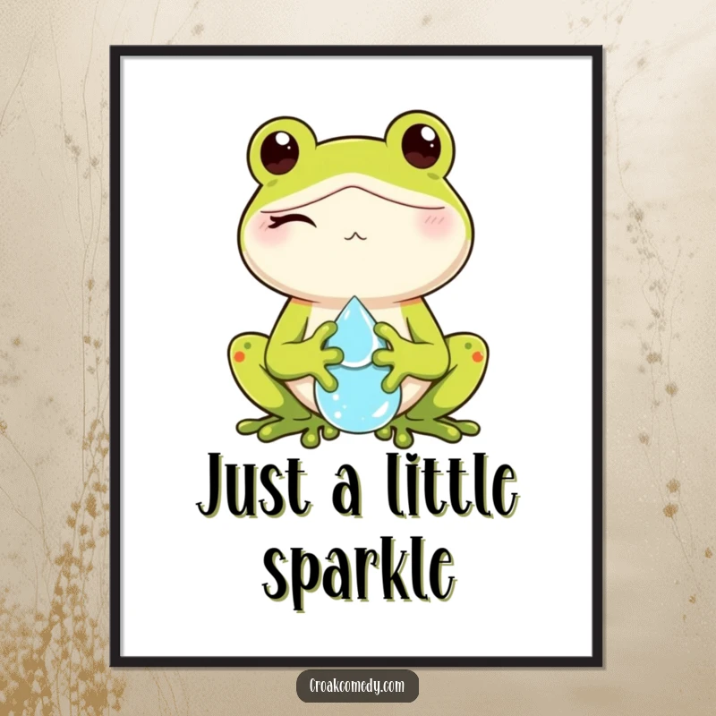 Funny poster of a winking frog character holding a small dewdrop, bringing a playful and charming vibe to the room.