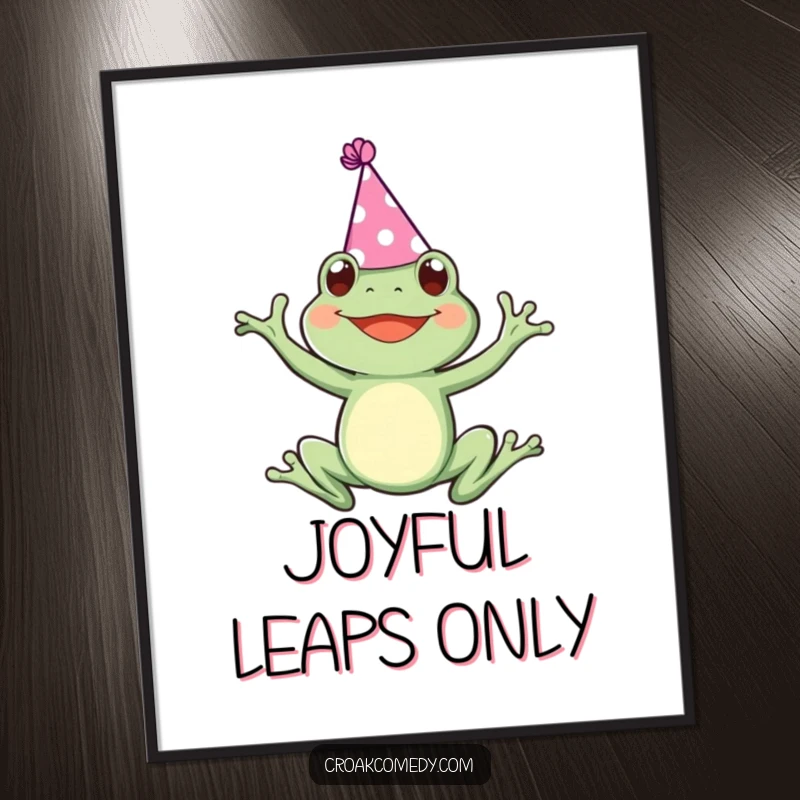 Funny poster print of a frog wearing a tiny party hat, joyfully leaping with immense excitement, perfect for festive decor.