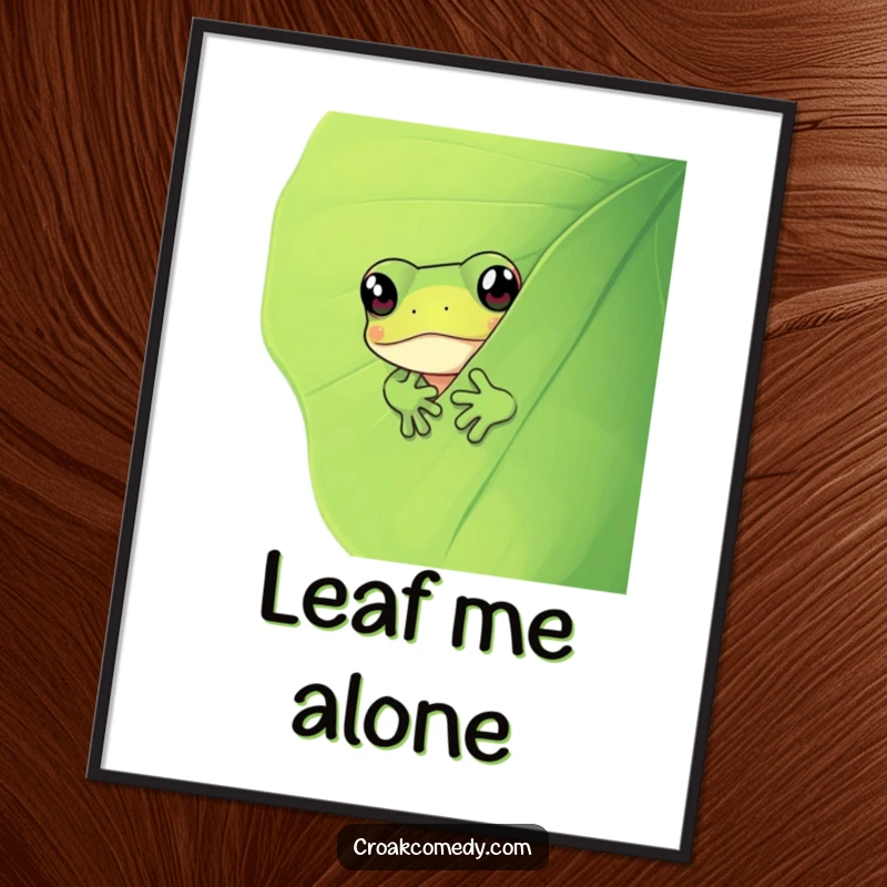 Funny frog artistically peeking from behind a textured green leaf, creating a humorous and engaging focal point for wall art.