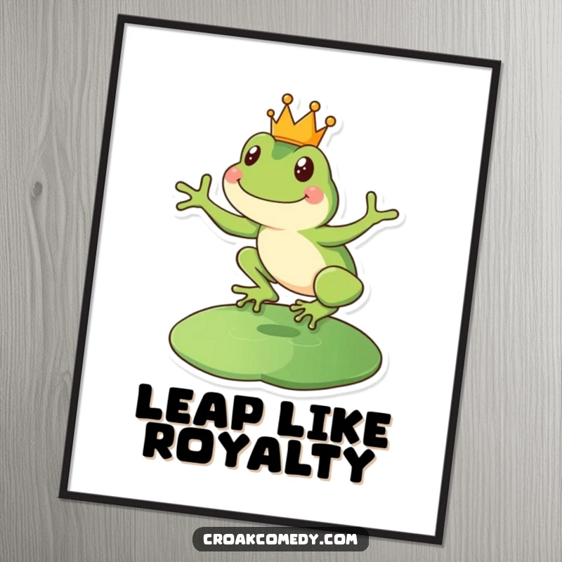 Funny happy frog poster, illustrating a crowned amphibian leaping onto a lily pad with joy.