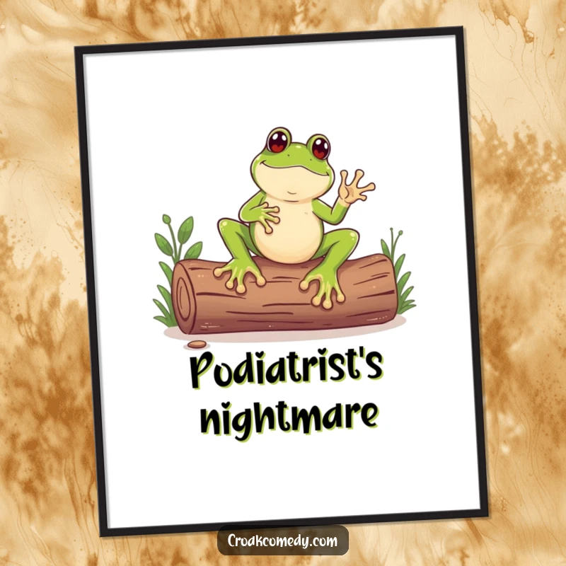 Funny poster featuring a frog with massive feet rhythmically drumming on a log, a lively piece of wall art.