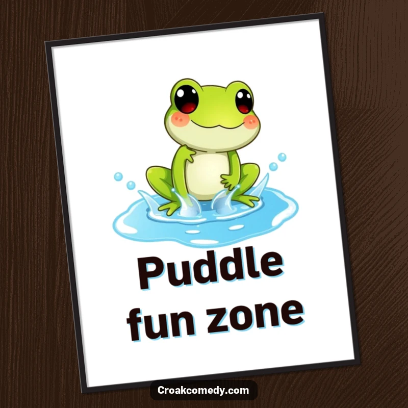 Funny Poster of a playful frog character happily splashing in a bright blue puddle, bringing cheerful vibes.