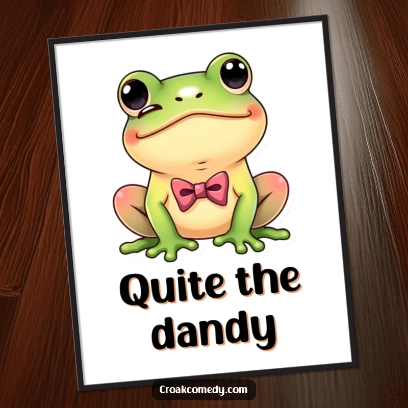 Funny Dapper Frog Poster showing a playful frog with a bow tie, winking coyly, sophisticated and humorous wall art.