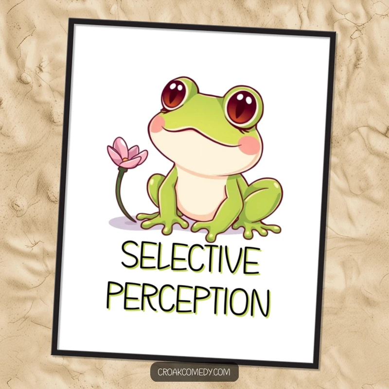 Funny Frog Poster: A frog with crossed eyes gazing at a petal, creating a humorous and captivating piece of wall art.