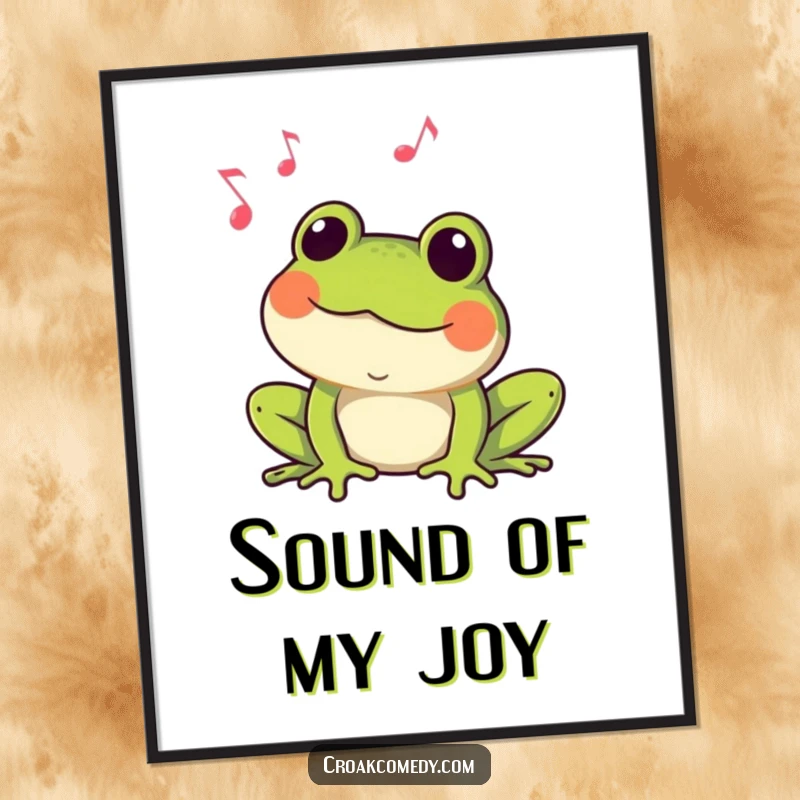 Funny Frog Poster: A happy frog croaking with musical notes, showcasing amphibian musical talent and vibrant wall art.