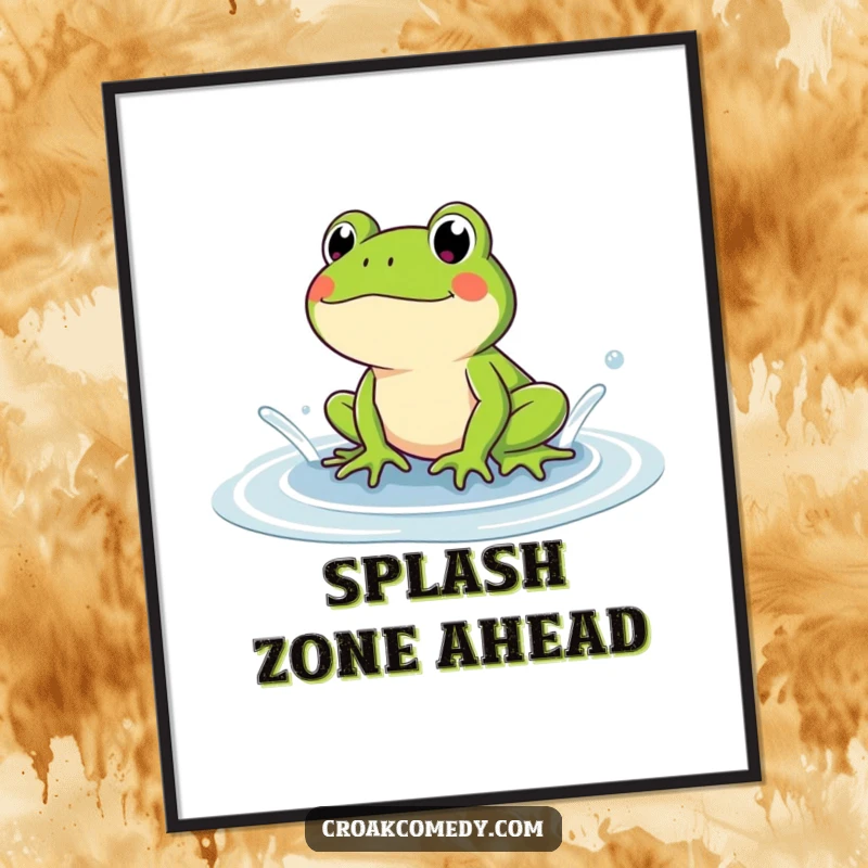 Funny frog art print of a frog joyfully splashing in a puddle. A humorous and cheerful wall decor gift.