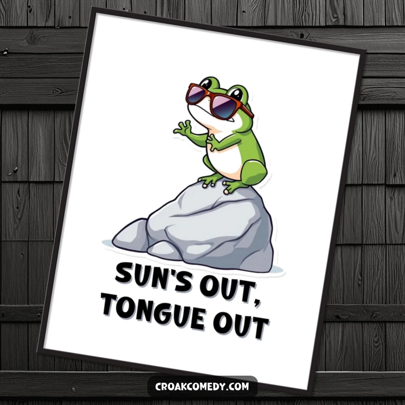 Funny frog wearing sunglasses, balanced precariously on a rock, creating a humorous and eye-catching poster.