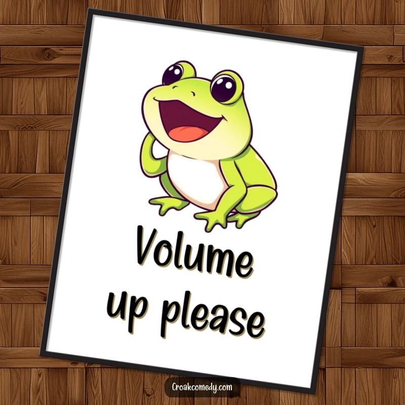 Funny Frog Poster showing a happy frog with mouth open, joyfully croaking, vibrant and humorous wall art.