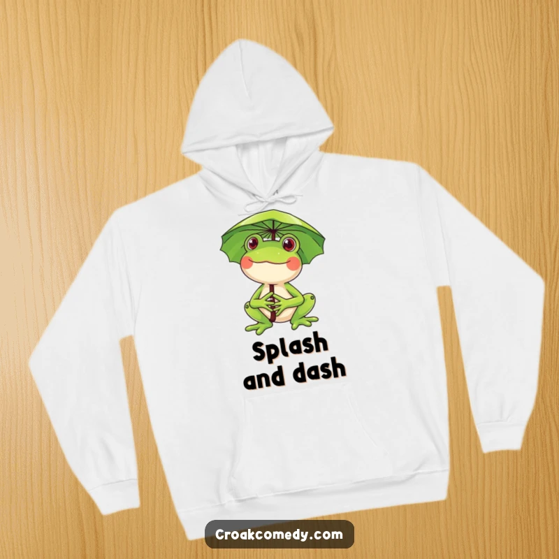 Funny frog hoodie, a happy frog with a lily pad umbrella, perfect for cozying up with playful, weather-ready charm.