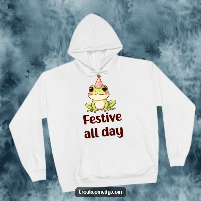 Funny Hoodie: A happy frog sporting a tiny party hat, offering warmth and a dose of cheerful, festive humor.