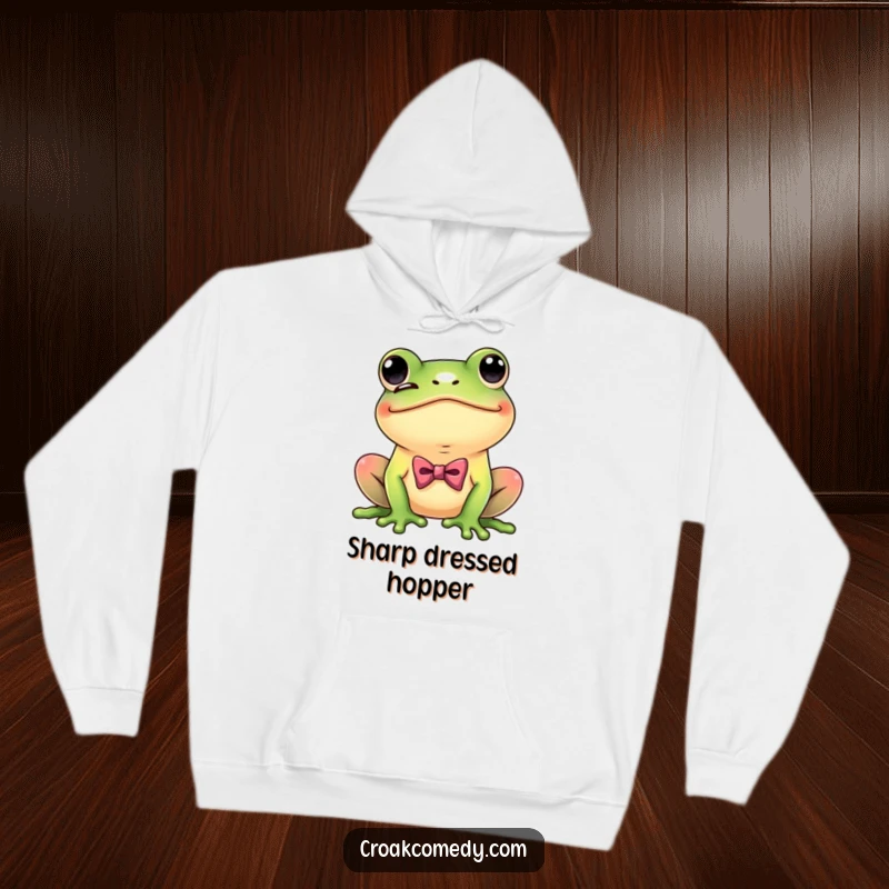 Funny Dapper Frog Hoodie showing a playful frog with a bow tie, winking coyly, warm and humorous attire.