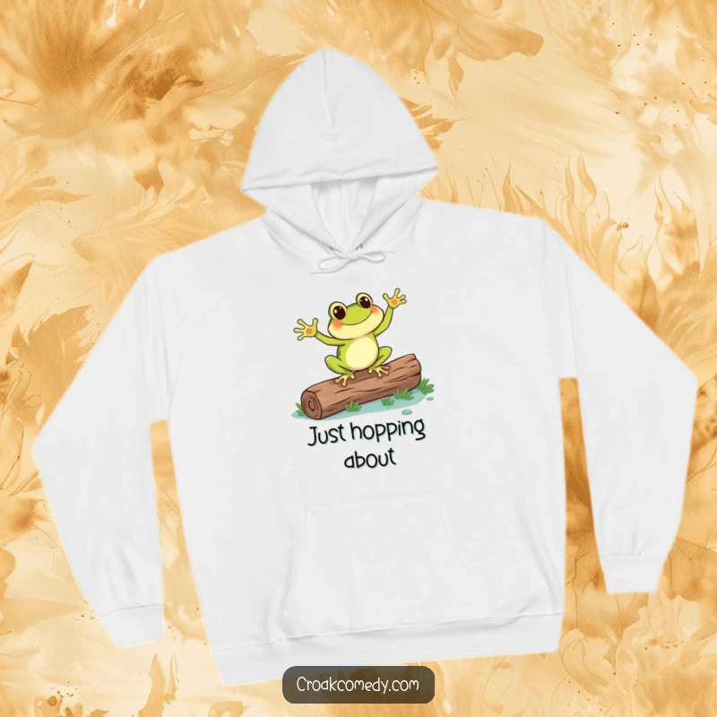 Funny frog doing a happy jig on a log, perfect for those who love to express joy through dance and cozy comfort.