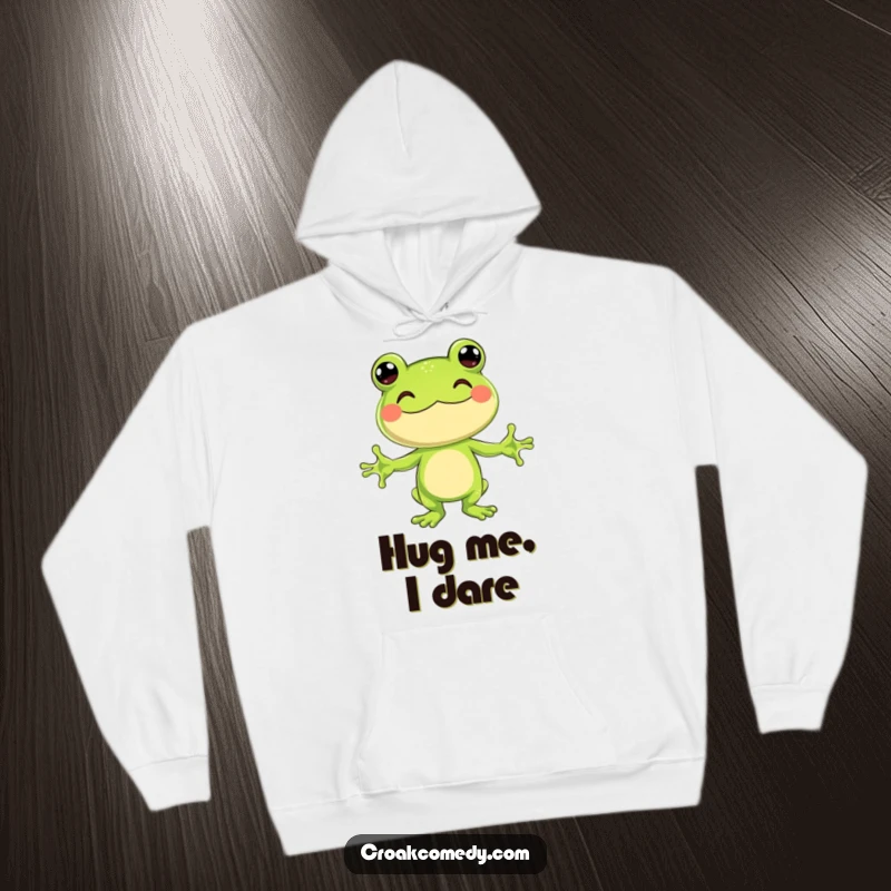 Funny Hoodie featuring a jubilant frog with arms outstretched, symbolizing love and a desire for a warm hug.