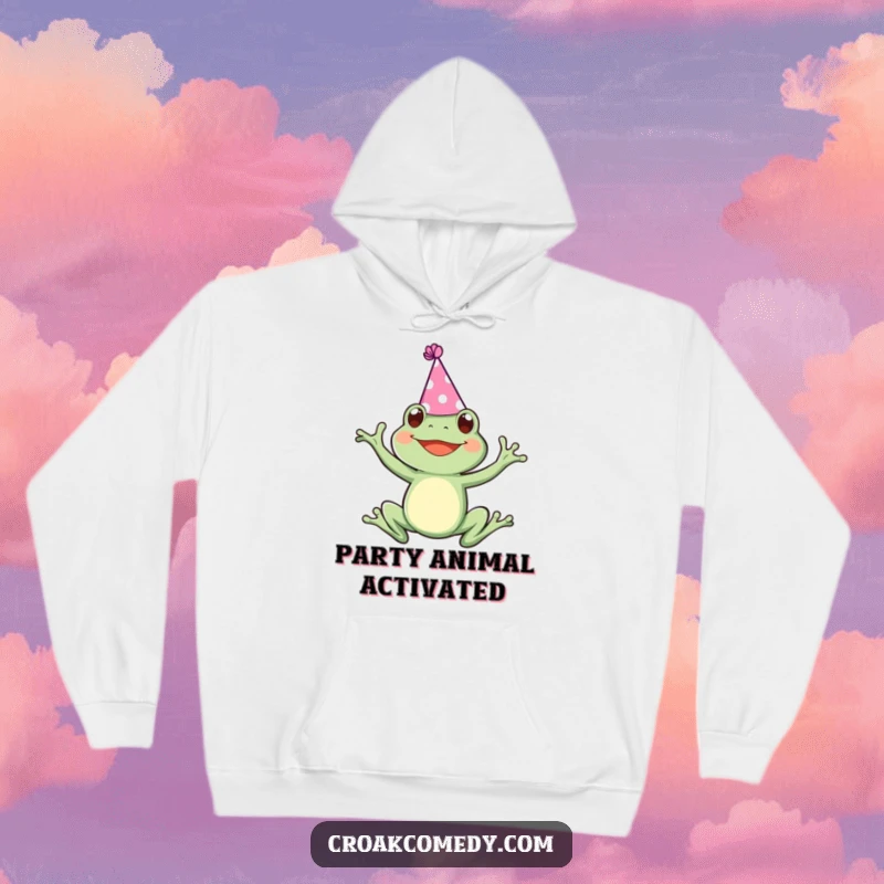 Funny hoodie featuring a frog in a tiny party hat, captured in a joyful leap, designed for comfort and festive cheer.