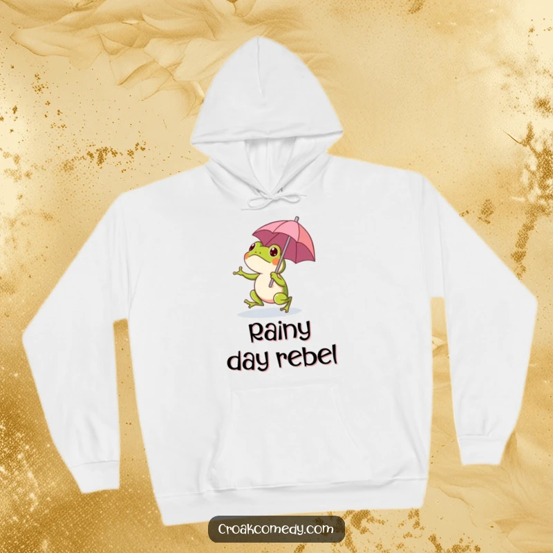 Funny frog with a miniature umbrella, mid-hop on a soft hoodie, radiating pure joy and rainy day charm.