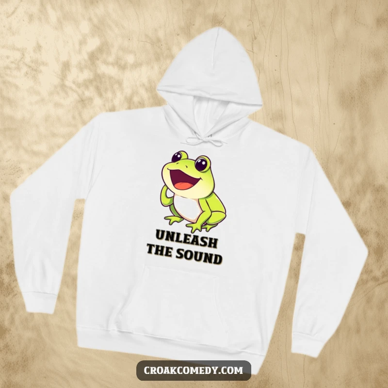 Funny Frog Hoodie showing a happy frog with mouth open, joyfully croaking, warm and humorous apparel.