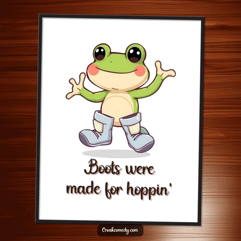 Funny Free Printable Wall Art: A joyful frog wearing oversized boots, hopping happily, bringing cheer to any space.