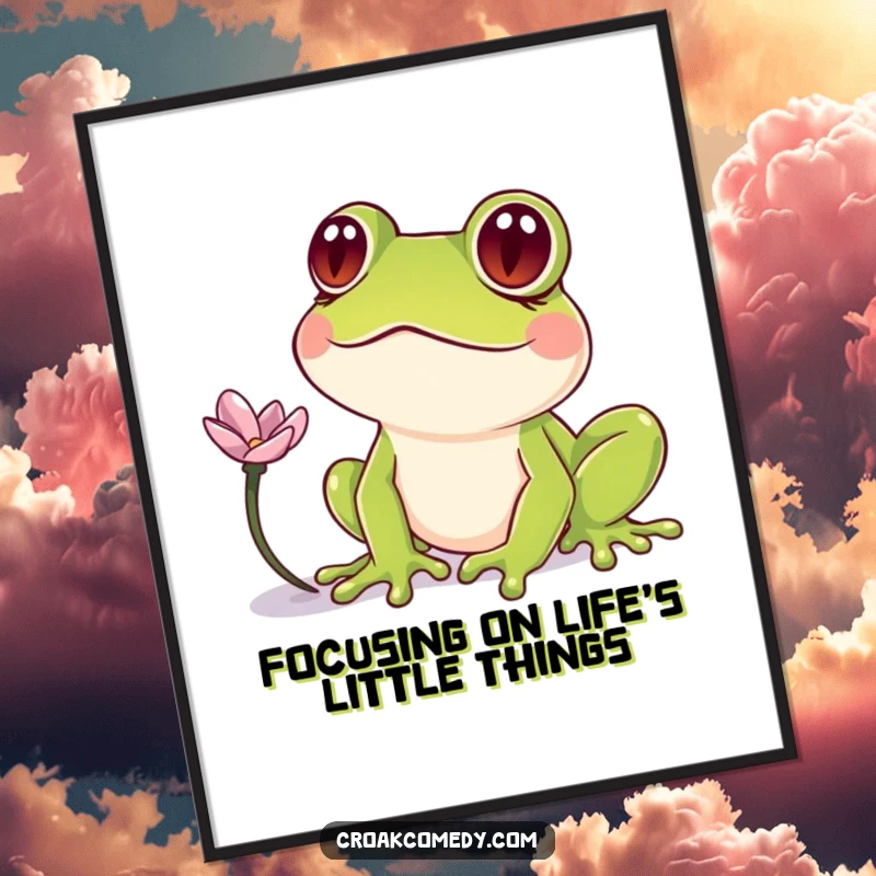 Funny Free Printable Wall Art showcasing a frog with comically crossed eyes intently observing a single, delicate flower petal.