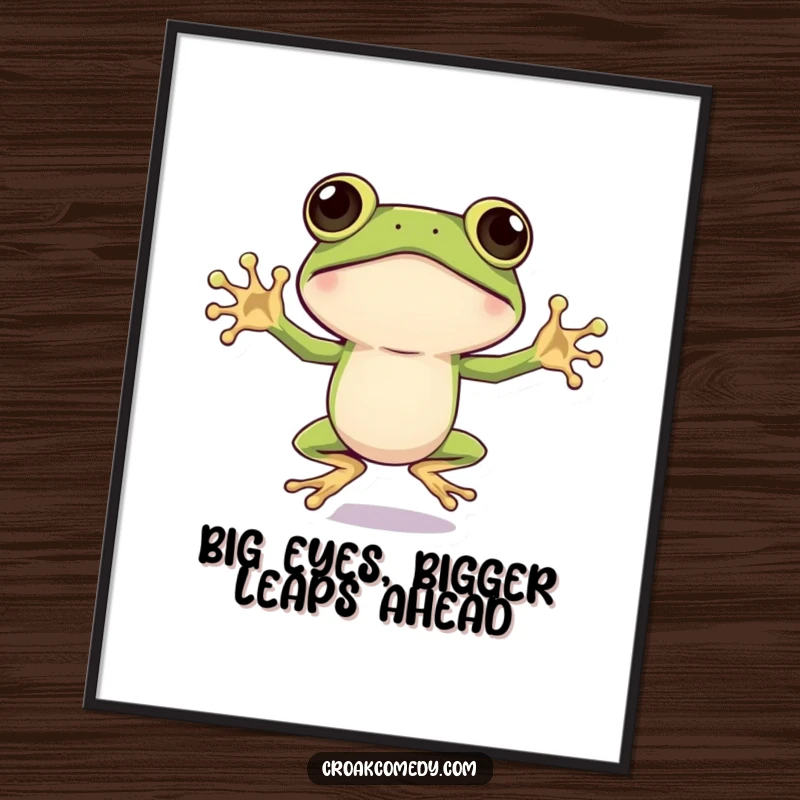 Funny Free Printable Wall Art: A frog with big eyes does a jumping jack, bringing downloadable energy and humor.
