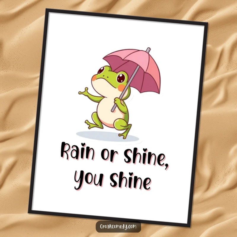 Funny Free Printable Wall Art featuring a frog in mid-hop with a small umbrella, radiating quirky charm and humor.