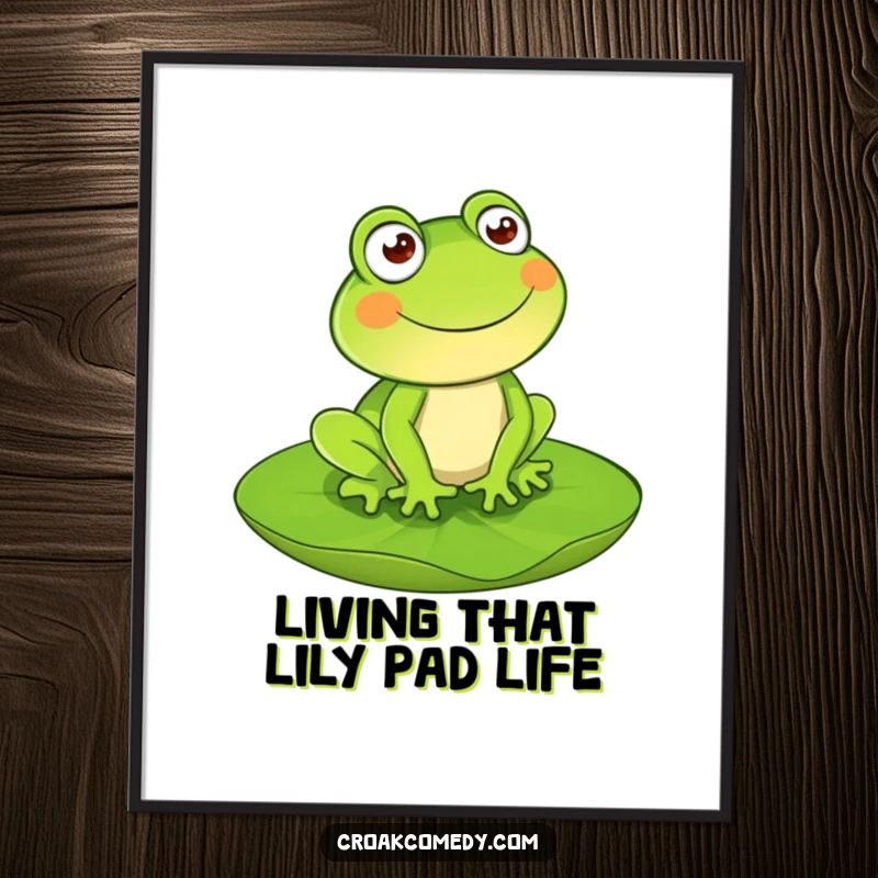 Funny Free Printable Wall Art: A smiling green frog character happily hops over a green lily pad.