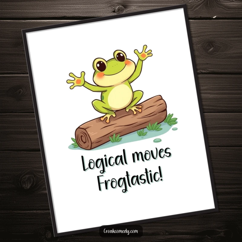 Funny Free Printable Wall Art: A frog with large webbed feet performs a spirited dance on a wooden log.