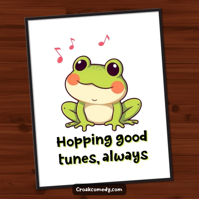 Funny Free Printable Wall Art of a happy frog joyfully croaking a tune with musical notes floating in the air.