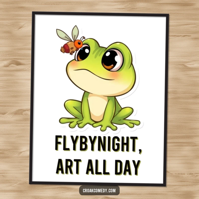 Funny Free Printable Wall Art: A cartoon frog with enormous eyes is captivated by a tiny fly, creating a humorous focal point.