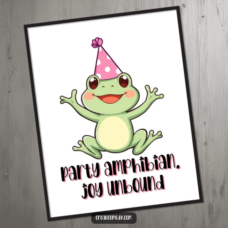 Funny Free Printable Wall Art: A frog enthusiastically leaps with a tiny party hat perched on its head.