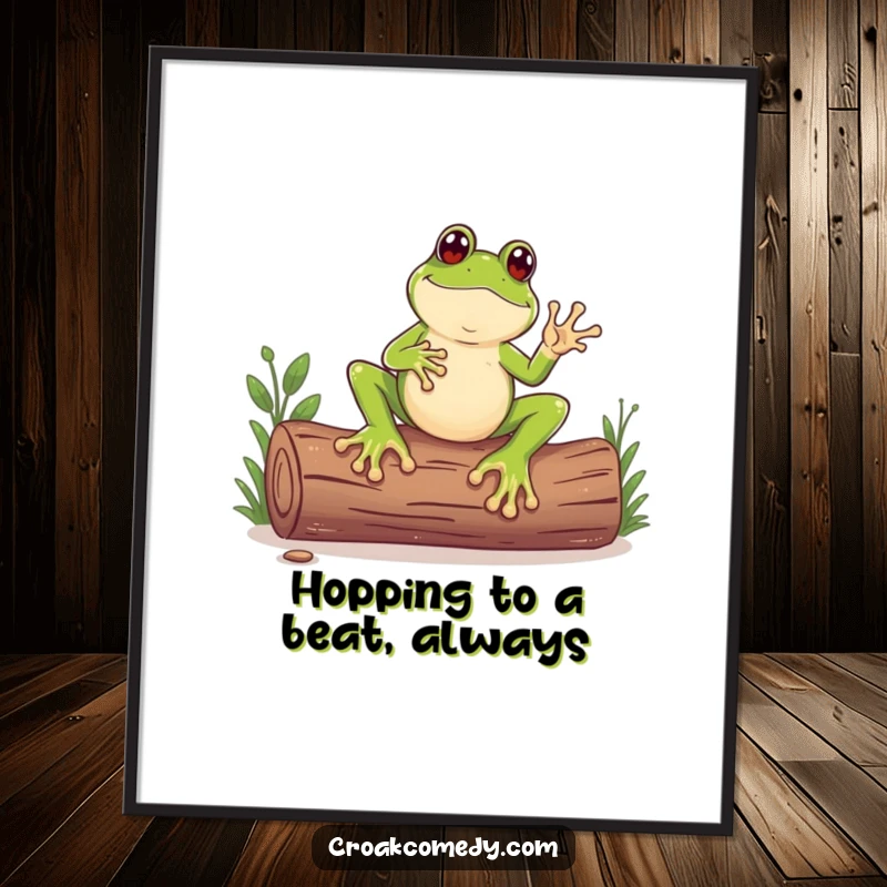 Funny Free Printable Wall Art: A frog with comically large feet taps out an energetic rhythm on a log.