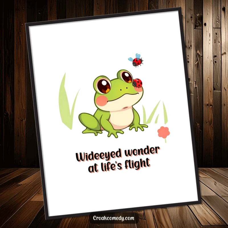 Funny Free Printable Wall Art: A frog with large, innocent eyes watches a ladybug gracefully fly upwards.