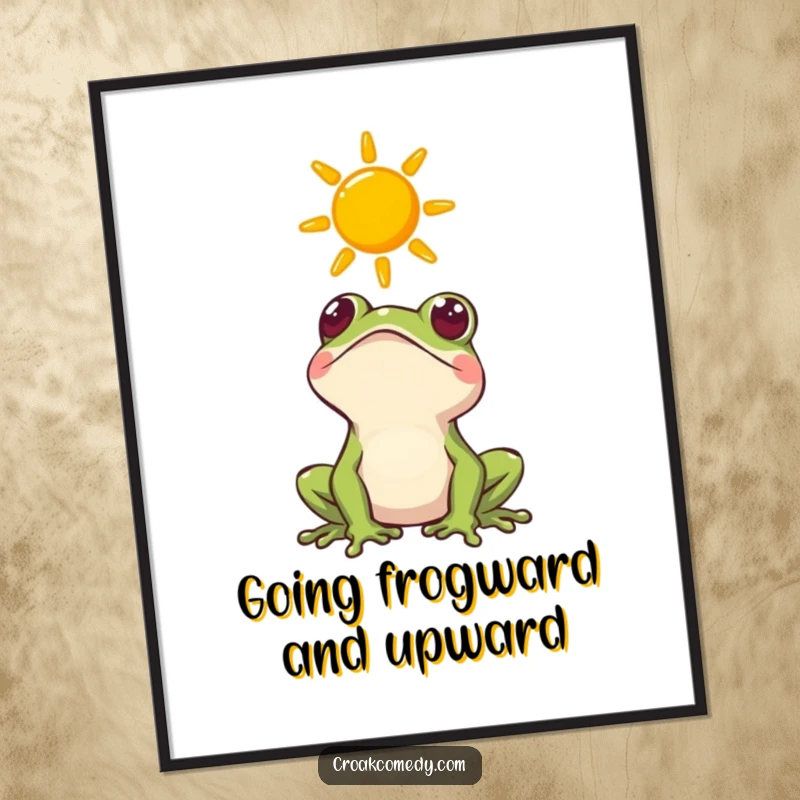 Funny Free Printable Wall Art: A curious frog gazes upwards at a stylized sun, bringing cheerful, sunny vibes.