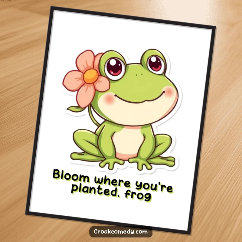 Funny Free Printable Wall Art depicting a cheerful frog wearing a flower behind its ear, bringing smiles.