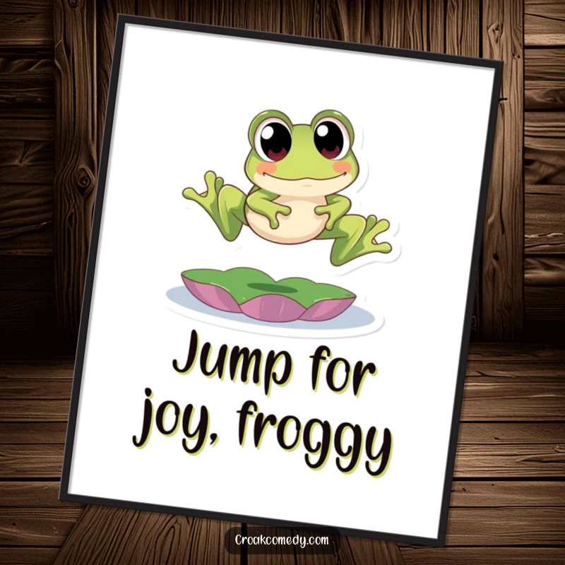 Funny Free Printable Wall Art showing a cute frog with enormous eyes captured mid-air, leaping over a lily pad.