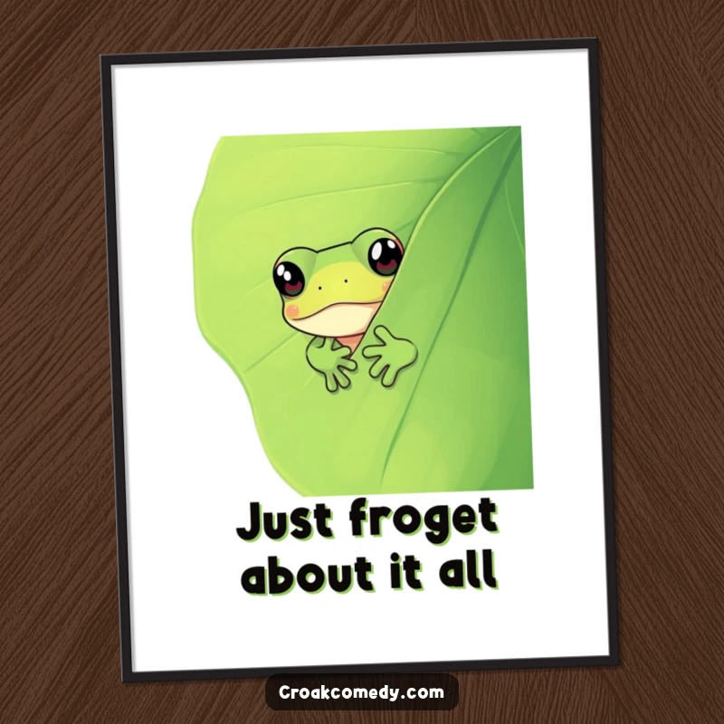 Funny Free Printable Wall Art: A whimsical frog with curious eyes peeking from behind a large, detailed leaf.