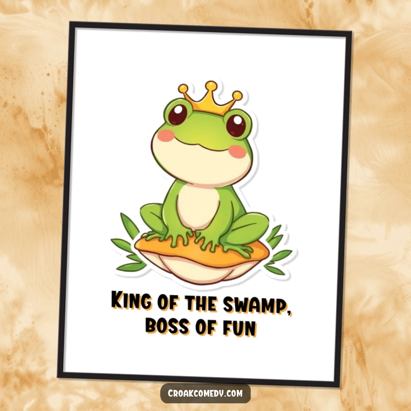 Funny Free Printable Wall Art: A majestic frog wearing a golden crown sits on a vibrant mushroom, exuding regal charm.