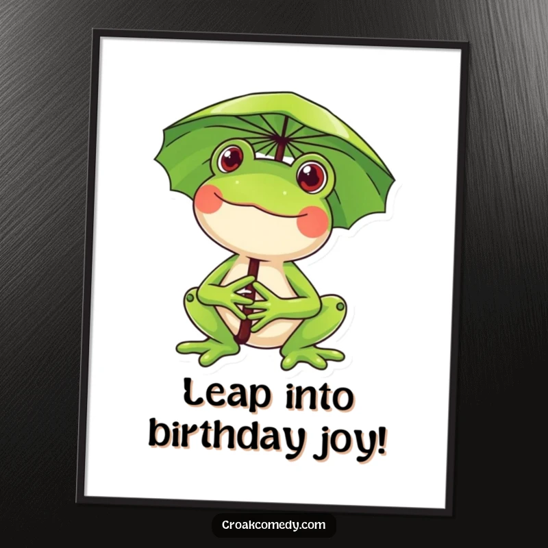 Funny Free Printable Wall Art: A happy frog beams with a wide smile, holding a large lily pad overhead as an umbrella.