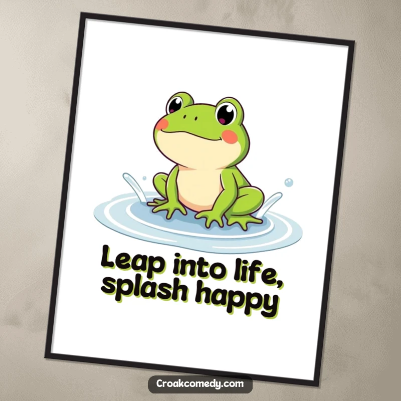 Funny Free Printable Wall Art of a cheerful frog joyfully splashing in a puddle, bringing vibrant energy. A downloadable piece.