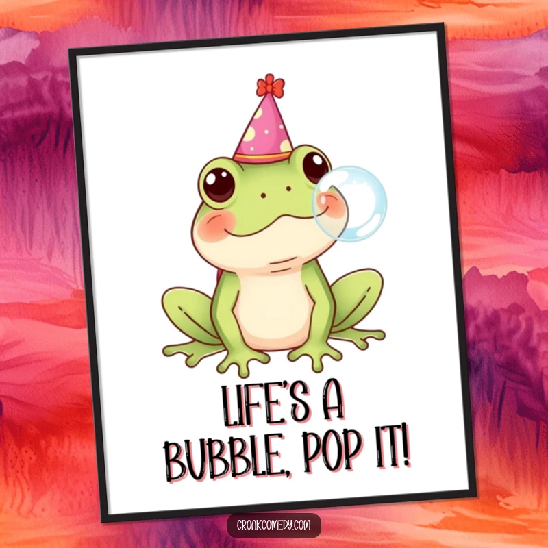 Funny free printable wall art: a comical frog wearing a party hat, joyfully blowing a large bubble, perfect for quirky decor.