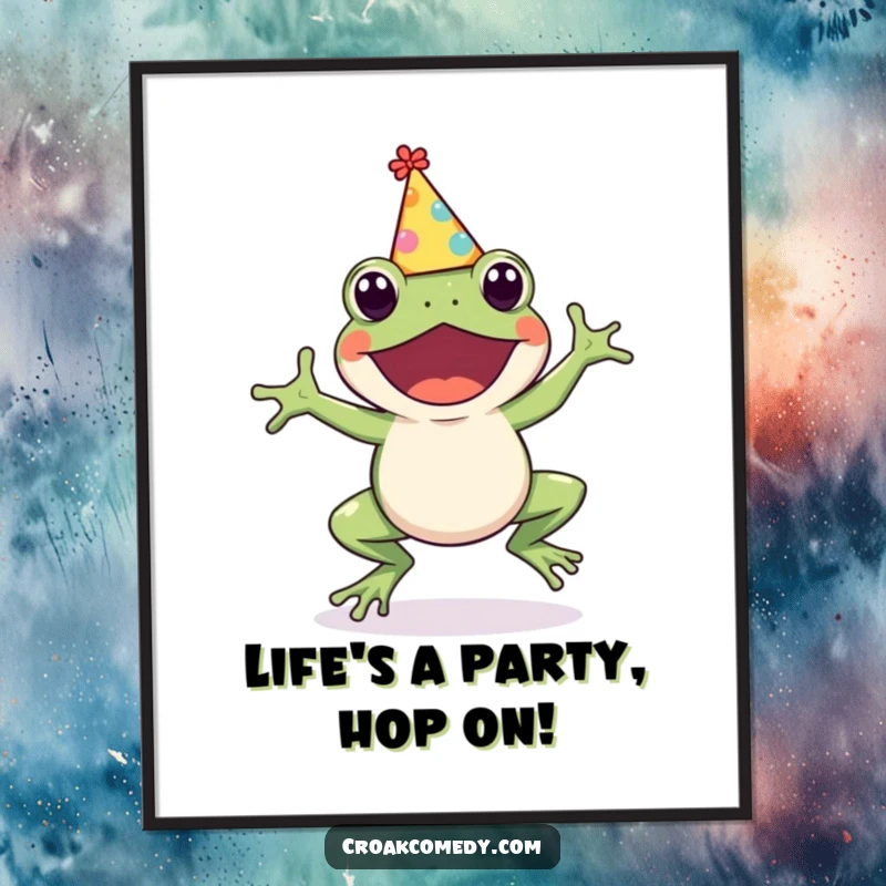 Funny Free Printable Wall Art: A cute frog wearing a party hat hops energetically, adding downloadable cheer to any room.