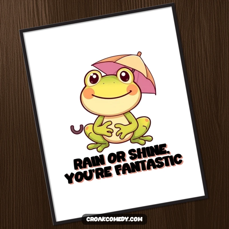 Funny Free Printable Wall Art: A cheerful frog beaming with a wide smile, holding a tiny umbrella, bringing sunny vibes.