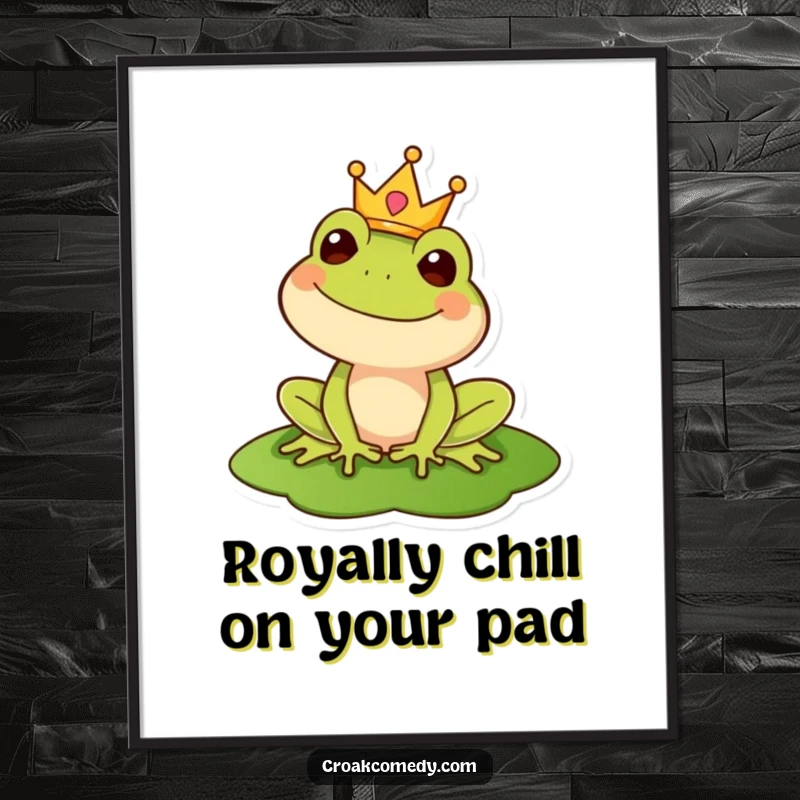 Funny Free Printable Wall Art: A happy frog wearing a crown sits regally on a lily pad.