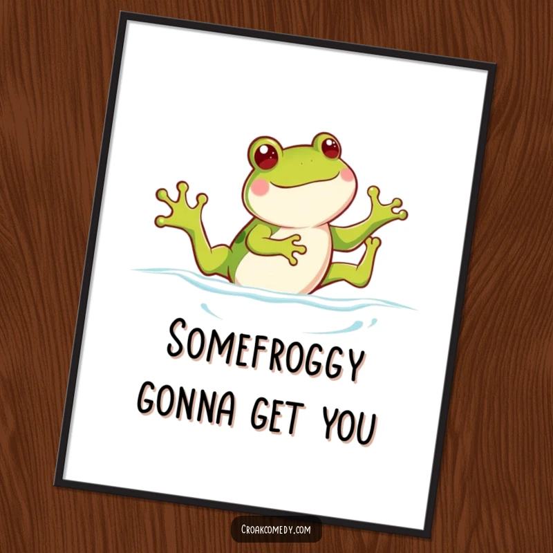 Funny Free Printable Wall Art depicting a cheerful frog joyfully kicking its legs while swimming with a big grin.