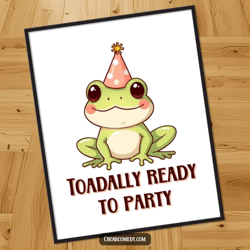 Funny Free Printable Wall Art of a happy frog adorned with a tiny party hat, looking festive and joyful.