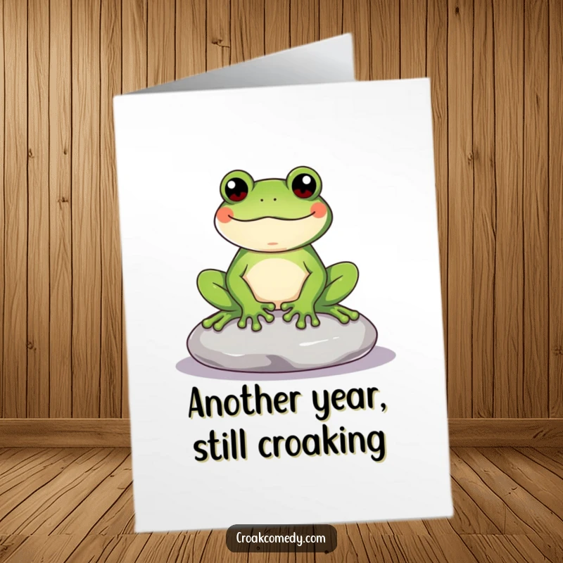 Funny Free Printable Birthday Card: A content frog sits serenely on a stone, radiating peaceful humor for your special occasion.